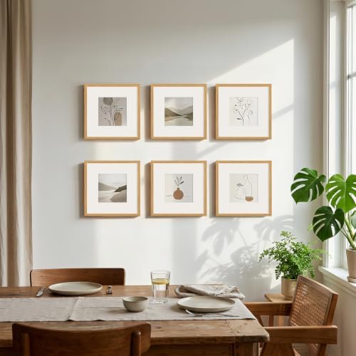 12x12 Picture Frame Set of 6, Display Pictures 8x8 with Mat or 12x12 Without Mat, Tabletop Display and Wall Hanging Photo Frame, Gallery Wall Frame Set, Honey Oak - Image 4
