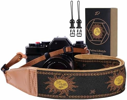 Padwa Lifestyle Sun God Camera Strap - 2" Full Grain Leather Ends, Vintage Sun Face Camera Straps for Photographers, Soft Chamois Velvet Padded Strap Quick Release fits All Cameras by PadwaLifestyleCameraStrap
