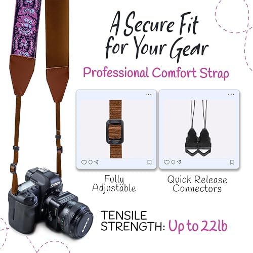 Art Tribute Camera Strap - Shoulder, Crossbody & Neck Camera Strap for Photographers, Fits All Cameras, Canon Nikon Sony Fujifilm, Padded Strap W/Quick Release, Embroidered Cotton & Leather Ends - Image 4