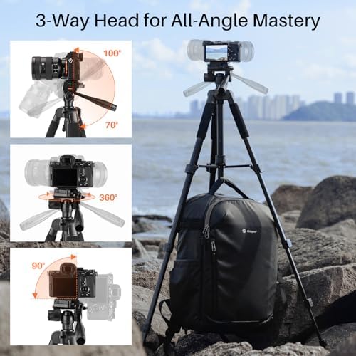 Fotopro 69'' Camera Tripod Lightweight Portable Travel Tripod for Camera and Phone with Detachable 3-Way Pan Head Phone Stand for Video Recording with Carry Bag and Cellphone Clip, Max Load 6.6lb - Image 3