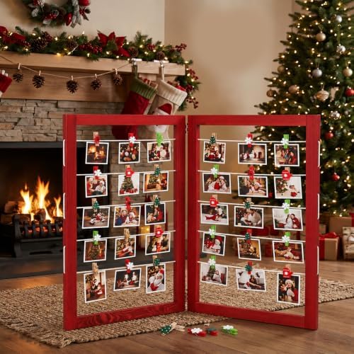 Geelin 36 x 24 Inch Photo Display Board with Clip Farmhouse Picture Display Wooden Rustic Freestanding Picture Collage Frame Wedding Tabletop Decor for Home Dorm (2 Panel,Christmas Red) - Image 4