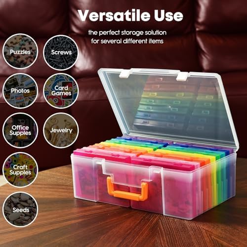 ALINK Photo Storage Box 5" x 7" with Handle, 18 pcs Inner Photo Containers Organizer and Craft Keeper, Portable Picture Case with Label for Seed, Arts, Crafts, Sewing, Stickers, Office - Colorful - Image 5