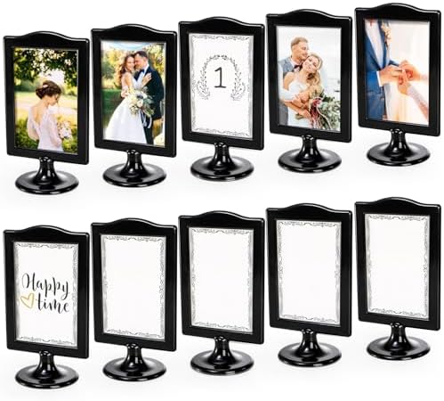 Lawei 10 Pack Double Sided Standing Picture Frames, 4x6 Inch Plastic Pedestal Photo Frame Bulk, Two Sided Vertical Picture Holder with Inserts & Base, Black Display Frame for Wedding Table Number Menu by ENJOYEVERYMOMENT