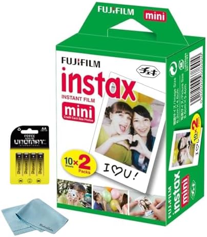 Fujifilm Instax Mini Instant Film, 20 Shots (10 Sheets x 2) – Capture Memories Anytime, Anywhere + BluebirdSales Premium Cleaning Cloth & 8 AA Batteries by FUJIFILM