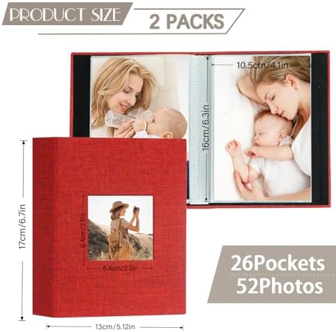 Artmag Mini Photo Album 4x6 50 Pockets 2 Pack, Linen Cover with Front Window Album Each Holds 52 Vertical Photos for Family Wedding Baby Children (Red) - Image 2