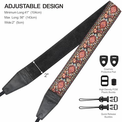 Padwa Lifestyle Red Flower Camera Strap - 2" Full Grain Leather Ends Camera Straps for Photographers, Vintage Embroidered Cotton Weave Soft Suede Fabric Padded Strap Quick Release fits All Cameras - Image 6