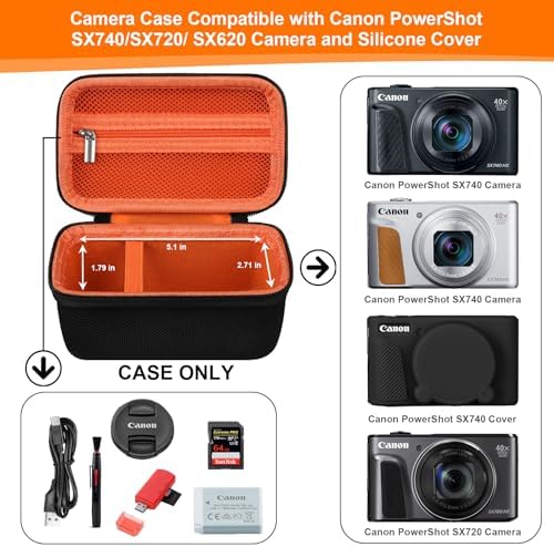 RAIALL Camera Case for Canon PowerShot SX740 HS/ SX730 HS/ SX720 HS/ SX620 HS Digital Camera, Hard Carrying Case Protective Travel Bag, Mesh Pocket for Batteries and USB Cable, Black+Orange - Image 3