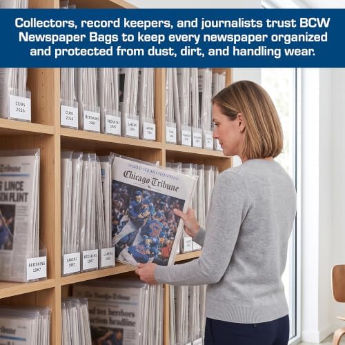BCW Newspaper Bags – 100ct | Acid-Free Newspaper Protector Sleeves | 13 3/8" x 11 7/8" | 1½" Fold-Over Flap Closure | Clear Archival Newspaper Storage Bags - Image 7