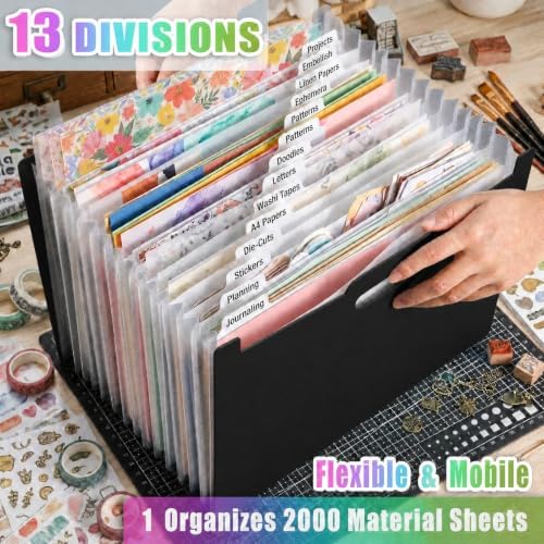 12x12 Scrapbook Paper Storage Organizer, Expandable 13 Pocket Desktop Paper Organizer Storage for Scrapbook Essentials, Large Scrapbook Storage for Photos, Washi Tape, Sticker (Black) - Image 4