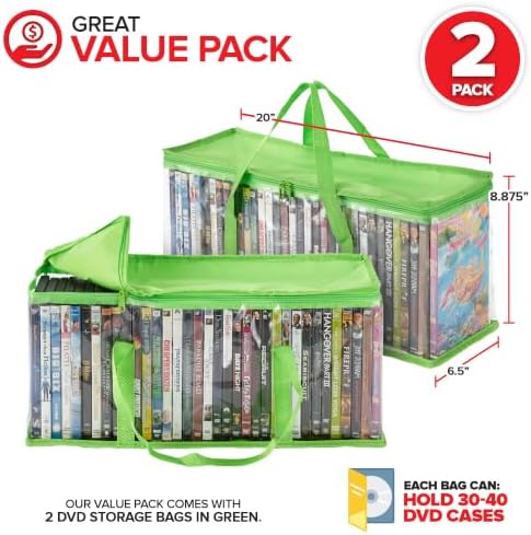 Stock Your Home DVD Storage Bags (Set of 2) Media Organizer Bag for DVDs, CDs, Blu Ray Disc, Movie Cases, VHS Box, Video Game Disks, Clear Plastic Holders with Carrying Handles and Zipper - Green - Image 2
