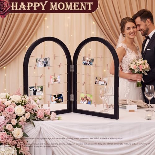 Briwooody 2 Panel 24 x 18 Inch Photo Display Rack with Clips Wooden Arched Picture Collage Frames Board for Farmhouse Wedding Postcard Greeting Card Organizer Holder Home Dorm(Black) - Image 4