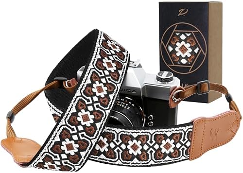 Padwa Lifestyle Brown Flower Camera Strap - 2" Cowhide Leather Head Cotton Camera Straps for Photographers,Vintage Jacquard Embroidery Adjustable Neck & Shoulder Strap for ALL DSLR/SLR Cameras by PadwaLifestyleCameraStrap