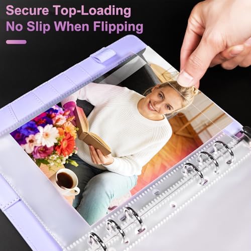PU Leather A5 Binder, 5x7 Photo Sleeves with 60 Pockets, Secure Top Loading Pages, Refillable Adjustable Album for Keepsakes, Purple - Image 4