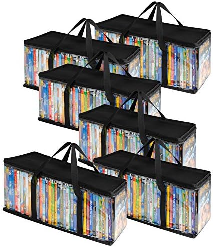 Stock Your Home DVD Storage Bags (Set of 6) Media Organizer Bag for DVDs, CDs, Blu Ray Disc, Movie Cases, VHS Box, Video Game Disks, Clear Plastic Holders with Carrying Handles and Zipper - Black by StockYourHome