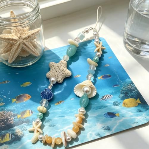2 Pcs Phone Charm Strap Hand Wrist Strap Camera Lanyard Pearl Beaded Cute Chain String Accessories Universal for iPhone 17 Pro Max 16 15 14 for Samsung Women Girls Keychain Summer Ocean Star and Shell - Image 4