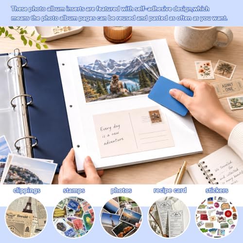 VOKOY 75 Sheets/150 Pages Photo Album Pages for 3 Ring Binder, Self Adhesive Scrapbooking Album Refill Pages Replacement Photo Album Sheets for 2x3 4x6 5x7 8x10 Photo or Cards, 11 x 9 Inch - Image 5