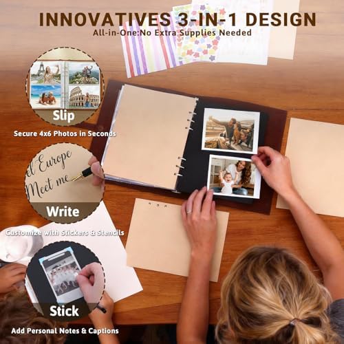 Vintage PU Leather DIY Scrapbook, 6-Ring Refillable 180° Lay Flat Photo Album Holds 220 4x6 Photos, 25 Blank Pages, Gift for Wedding Baby Travel Family - Image 4