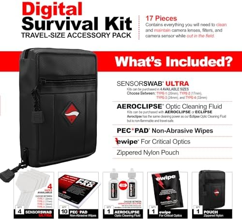 Photographic Solutions Digital Survival Kit - Type-3 (24mm) Sensor Swabs, PEC-PAD Photo Wipes, E-Wipe Packet, Aeroclipse Optic Cleaner Non-Flamable Solution - Camera Cleaning Kit with Travel Bag - Image 2