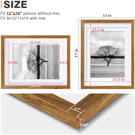 Egofine 12x16 Picture Frames Set of 4, Made of Solid Wood Covered by Plexiglass 9x12 and 11x14 with Mat or 12x16 without Mat, for Wall Mounting Photo Frame, Teak Wood - Image 3
