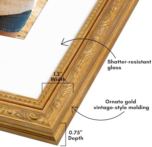 Americanflat 11x14 Picture Frame with Shatter-Resistant Glass - Use as 8x10 Frame with Mat or Display 11x14 Photo Without Mat - Ornate Picture Frames for Wall Display - Gold - Image 3