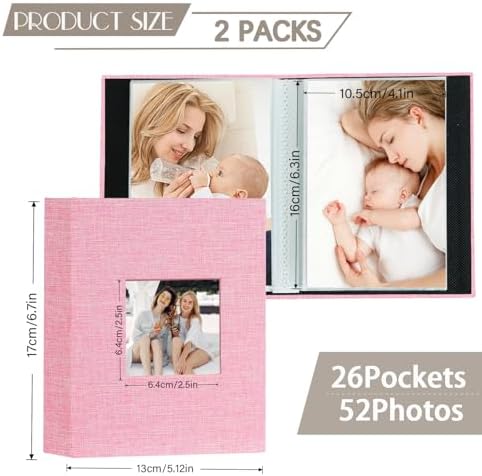 Artmag Mini Photo Album 4x6 50 Pockets 2 Pack, Linen Cover with Front Window Album Each Holds 52 Vertical Photos for Family Wedding Baby Children (Pink) - Image 2