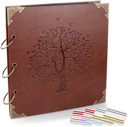 Photo Album DIY Scrapbook (10x10 inch 50 Pages Double Sided), Vintage Leather Cover Three-Ring Binder Family Picture Booth with 9 Color 408pcs Self Adhesive Photos Corners for Memory Keep, Tree by ADVcer