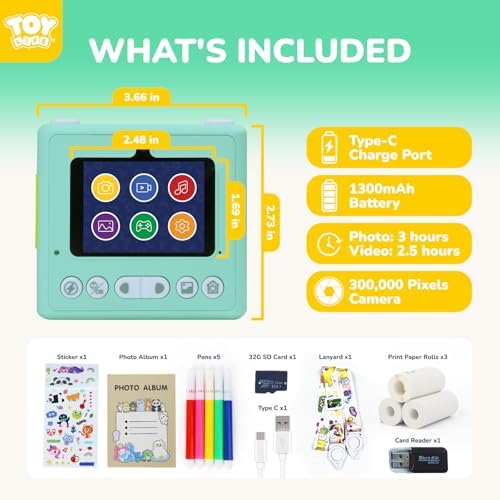 TOY Life Kids Instant Print Camera, 1080P, Ages 3-12, Teal - Image 3