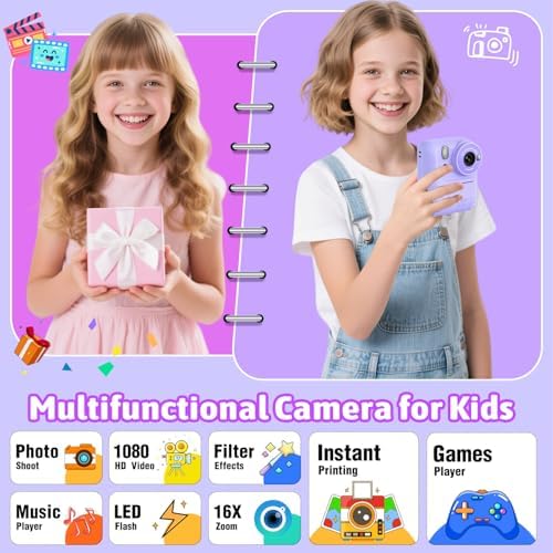 Okaloka Kids Instant Print Camera Toys,1080P HD Toddler Digital Video Camera,Christmas Birthday Gifts for Girls Boys Age 3-12 Year Old - TF Card Included (Purple) - Image 2