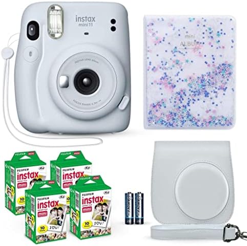 Fujifilm Instax Mini 11 Instant Camera Ice White + Fuji Film Value Pack (40 Sheets) + Shutter Accessories Bundle, Incl. Compatible Carrying Case, Quicksand Beads Photo Album 64 Pockets by FUJIFILM