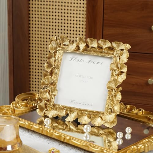 Cuspin 5x5 Picture Frame Gold Vintage Square Frame, Ornate Ginkgo Leaf - Image 2