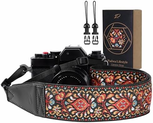 Padwa Lifestyle Red Flower Camera Strap - 2" Full Grain Leather Ends Camera Straps for Photographers, Vintage Embroidered Cotton Weave Soft Suede Fabric Padded Strap Quick Release fits All Cameras by PadwaLifestyleCameraStrap