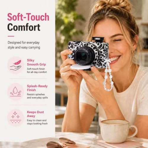 Cute Camera Case for Canon G7X Mark III,Silicone Protective Cover with Removable Lens Cap,Bracelet Wrist Strap & 2 Pack Tempered Glass Screen Protector for Women (White Leopard) - Image 4