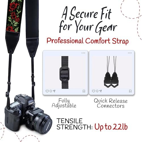 Camera Strap - Shoulder, Crossbody & Neck Camera Strap for Photographers, Fits All Cameras, Canon Nikon Sony Fujifilm, Padded Strap W/ Quick Release, Embroidered Cotton & Leather Ends, Red Roses - Image 4