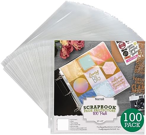 Samsill Scrapbook Refill Pages 12x12 Inch, 100 Pack, Fits 3 Ring Scrapbook Binders and 12x12 Photo Albums, Top-Loading, Heavy-Duty, Holds 2 Pages, Super Clear by Samsill