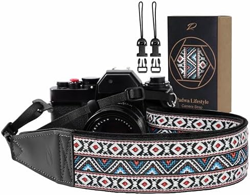 Padwa Lifestyle Boho White Camera Strap - 2" Full Grain Leather Ends Camera Straps for Photographers, Vintage Embroidered Cotton Weave Soft Suede Fabric Padded Strap Quick Release fits All Cameras by PadwaLifestyleCameraStrap