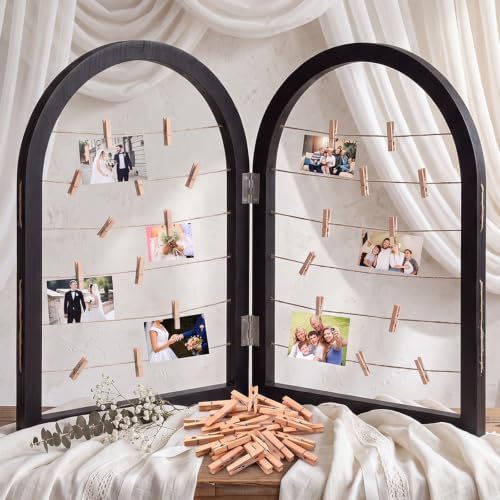 Briwooody 2 Panel 24 x 18 Inch Photo Display Rack with Clips Wooden Arched Picture Collage Frames Board for Farmhouse Wedding Postcard Greeting Card Organizer Holder Home Dorm(Black) by Briwooody