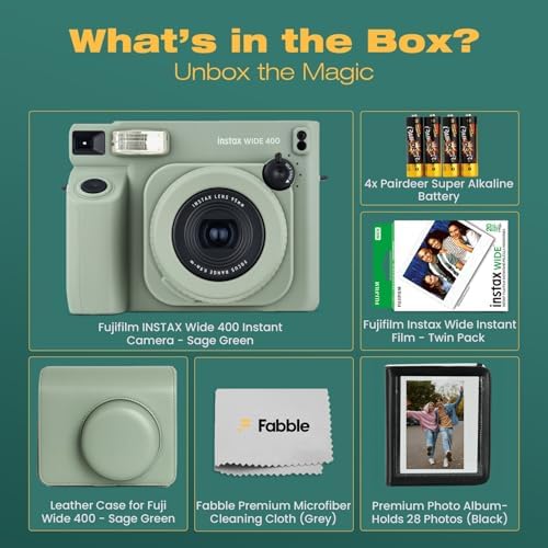 FUJIFILM instax Wide 400 Instant Film Camera Bundle with Instax Wide Film, Sage Green Leather Case, 28-Photo Album, Close-Up Lens, Shoulder Strap, Batteries, and Camera Accessories - Image 2