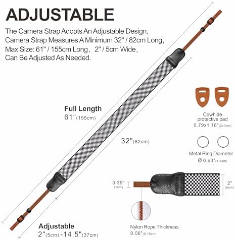 Padwa Lifestyle Black and White Fine Plaid Camera Strap - 2" Wide Cowhide Head Cotton Strap,Vintage Check Weave Neck Shoulder & Crossbody Camera Straps for Photographers Gift and All DSLR Cameras - Image 5