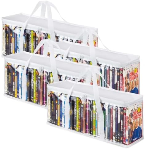 Stock Your Home DVD Storage Bags (Set of 4) Media Organizer Bag for DVDs, CDs, Blu Ray Disc, Movie Cases, VHS Box, Video Game Disks, Clear Plastic Holders with Carrying Handles and Zipper - White by StockYourHome