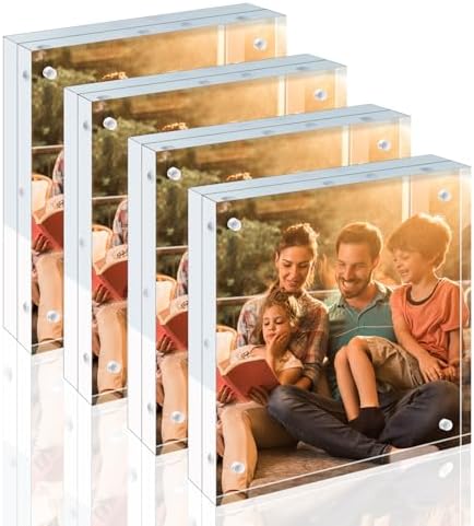 Egofine 8x8 Acrylic Frame 4 Pack, 20mm Thicker Frameless Clear Picture Frame, Double Sided Magnetic Picture Frame, Free Standing Desktop Display by Egofine