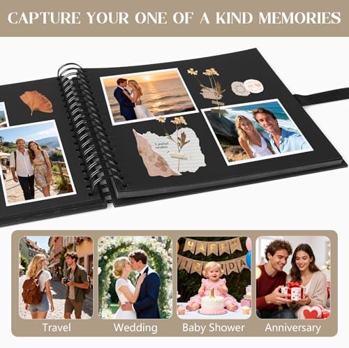 INNOCHEER Photo Album - Self Adhesive 80 Black Pages, Large Scrap Book Wedding Guest Book for DIY Anniversary Travel Memory Scrapbooking (Black 10X10) - Image 6