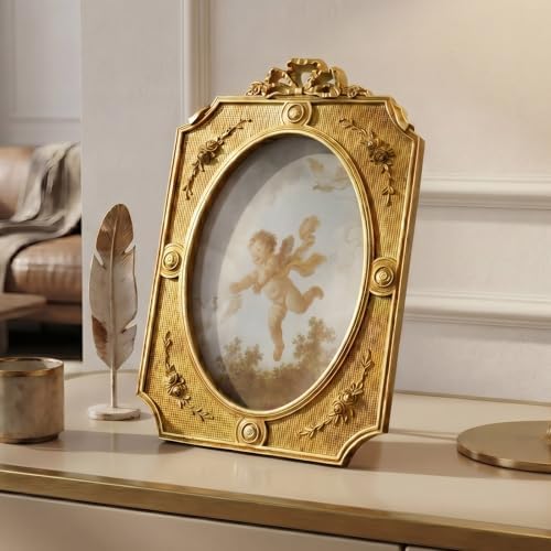 Cuspin 5x7 Vintage Picture Frame Antique Gold Bow Oval Resin Photo Frame - Image 3