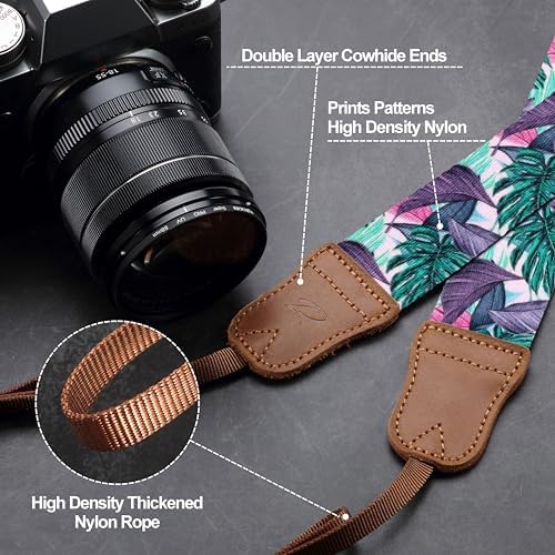 Padwa Lifestyle Camera Strap - 1.5" Soft Nylon Print Crazy Horse Cowhide Head Camera Straps for Photographers and All Cameras,Cute Adjustable Vintage Woven Strap for Adults & Kids(Green Leaf) - Image 3