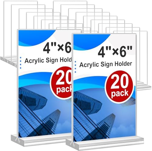 Acrylic Sign Holder 4x6, 20 Pack Clear Table Vertical Double Sided Table Menu Display, Plastic Desktop Picture Frames Stand Acrylic Paper Holder Tabletop Sign Holder for Wedding Office Show Fair by Arrobust