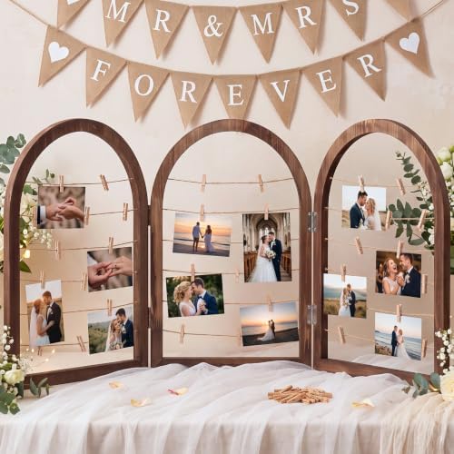 Briwooody 3 Panel 53 x 24 Inch Photo Display Rack with Clips Wooden Arched Picture Collage Frames Board for Farmhouse Wedding Postcard Greeting Card Organizer Holder Home Dorm(Black Walnut) by Briwooody