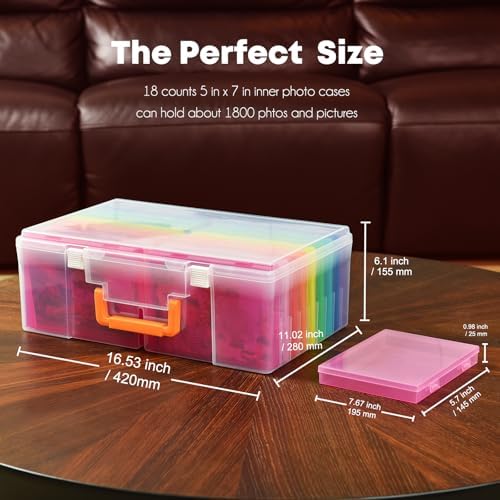 ALINK Photo Storage Box 5" x 7" with Handle, 18 pcs Inner Photo Containers Organizer and Craft Keeper, Portable Picture Case with Label for Seed, Arts, Crafts, Sewing, Stickers, Office - Colorful - Image 2