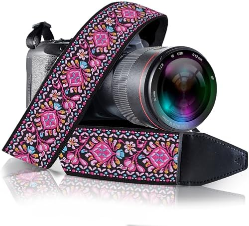 Camera Strap - Shoulder, Crossbody & Neck Camera Strap for Photographers, Fits All Cameras, Canon Nikon Sony Fujifilm, Padded Strap W/ Quick Release, Embroidered Cotton & Leather Ends, Pink by ArtTribute
