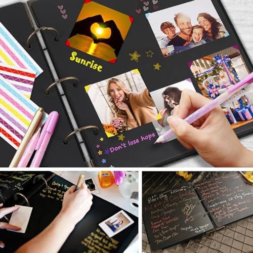 Photo Album DIY Scrapbook, 10x10 inch 50 Pages Double Sided, Vintage Hardcover Three-Ring Binder Picture Booth Albums with 6 Colors 408pcs Self Adhesive Photos Corners for Memory Keep (Black) - Image 5