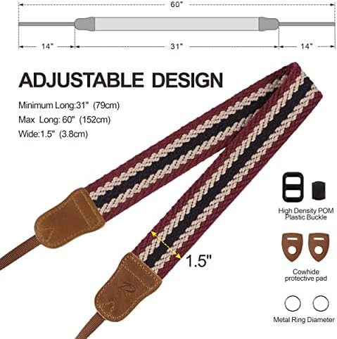 Padwa Lifestyle Stripes Camera Strap - 1.5" Crazy Horse Cowhide Head Soft Cotton Rope Weave Camera Straps for Photographers and All Cameras,Cute Adjustable Vintage Woven Strap for Adults & Kids - Image 6