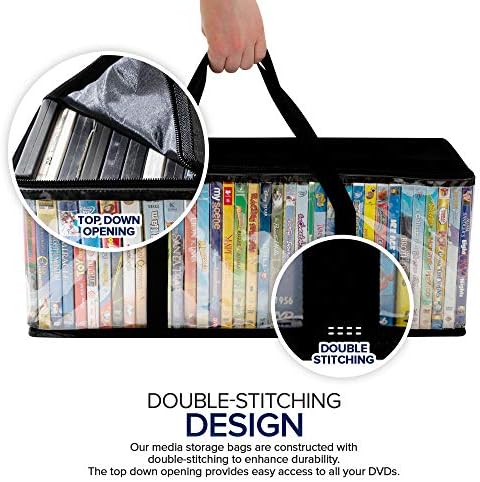 Stock Your Home DVD Storage Bags (Set of 6) Media Organizer Bag for DVDs, CDs, Blu Ray Disc, Movie Cases, VHS Box, Video Game Disks, Clear Plastic Holders with Carrying Handles and Zipper - Black - Image 4
